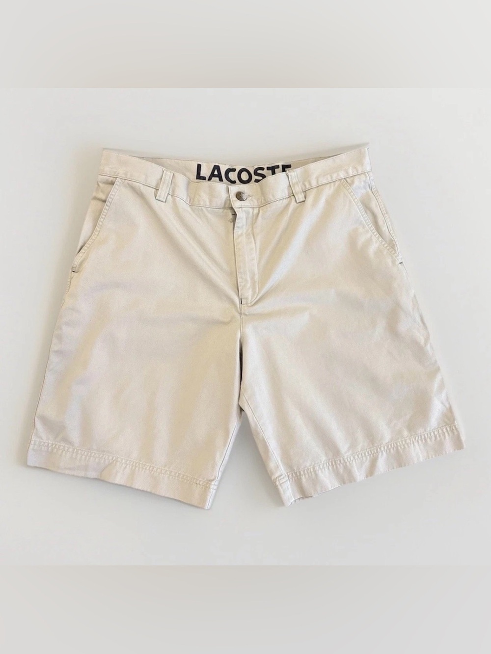 Vintage Lacoste Men's Beige Chino Shorts Flat Front Pockets Button Logo Solid